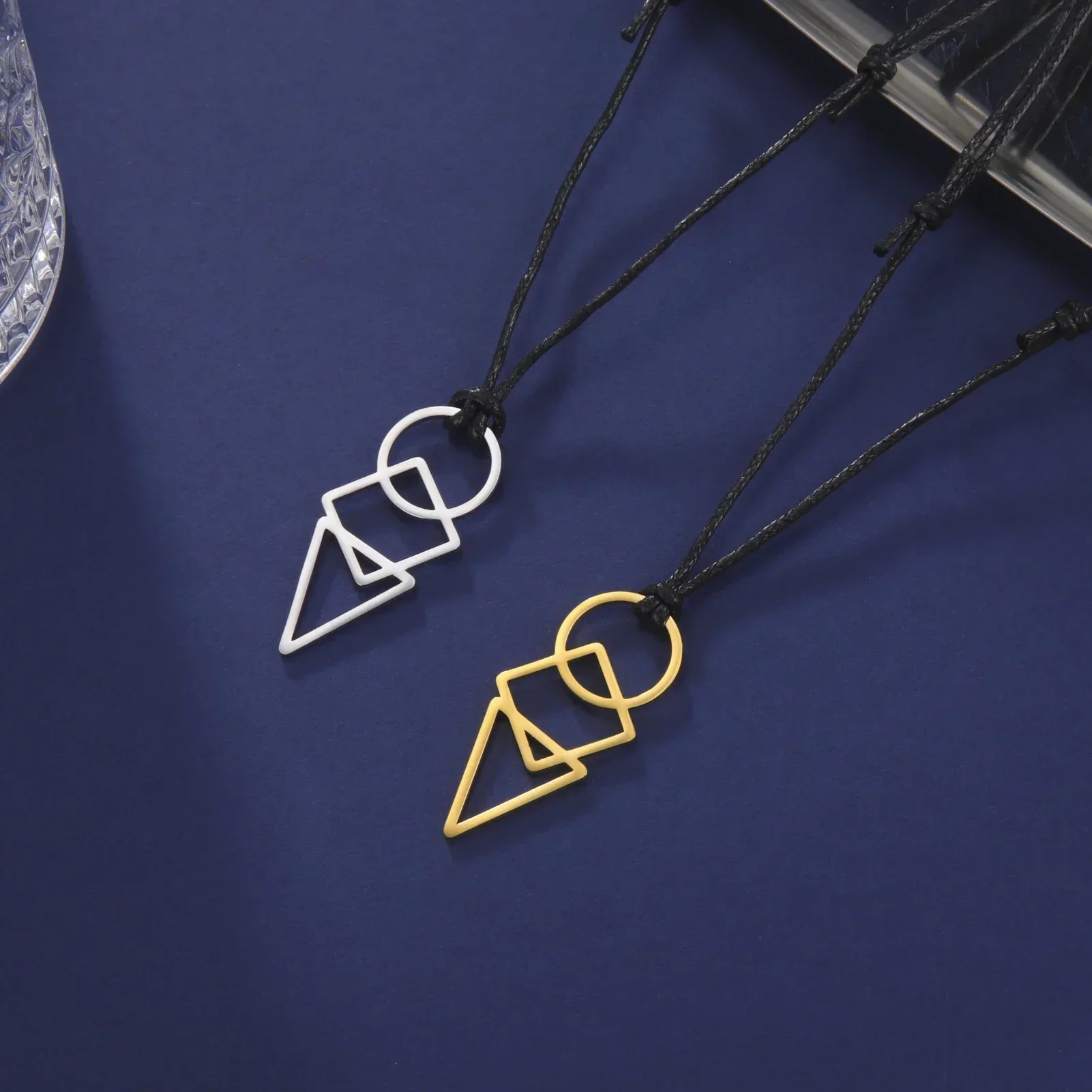 

My shape Geometric Men Necklace Round Square Triangle Stainless Steel Pendant Necklaces Wax Rope Chain Fashion Party Jewelry