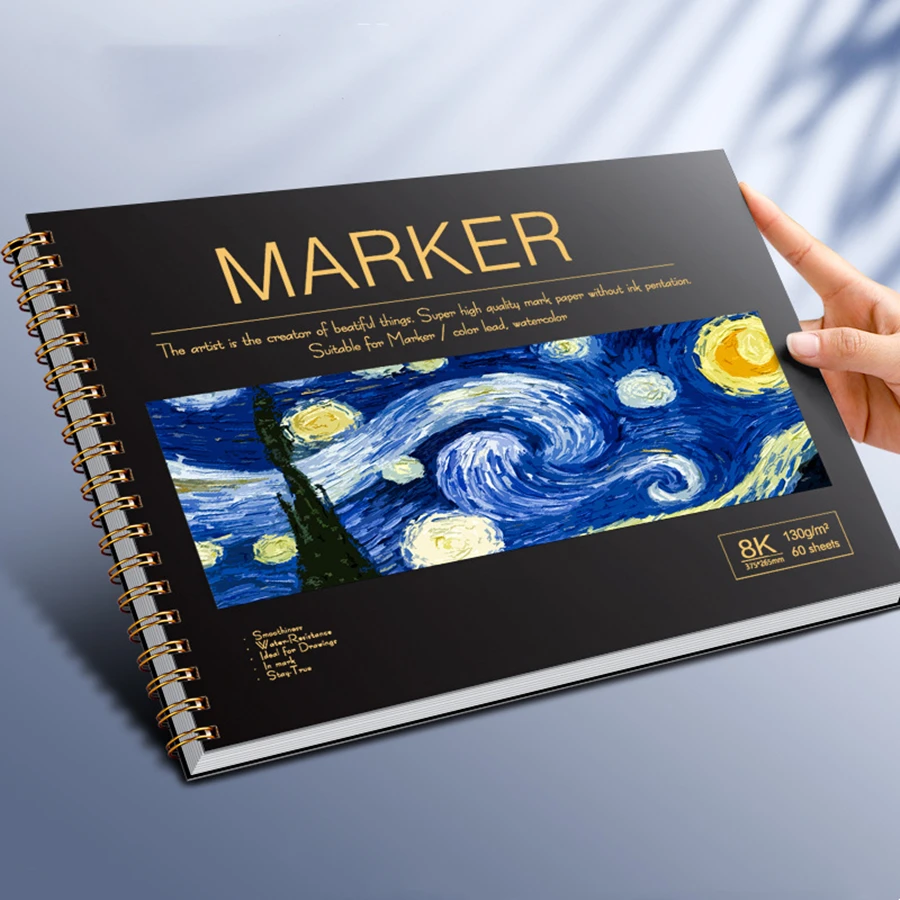 A4/8K Markers Drawing Book, 60Sheets Hard Cover Spiral Bleedproof Marker Paper Pad Artist Paper,For Adults Students Sketching