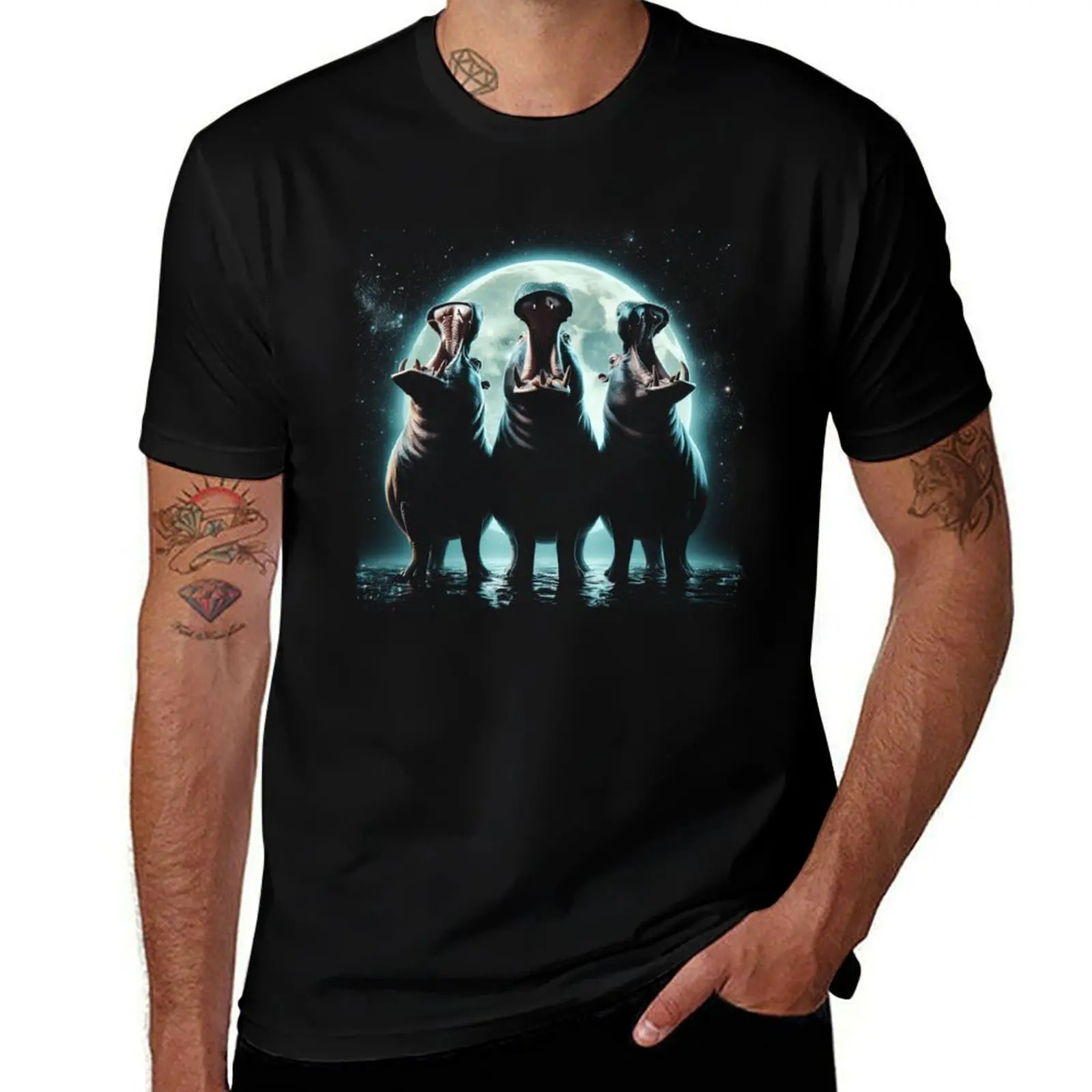 

Three Hippos Howling at Moon Like Three Wolves Funny T-Shirt funny costumes affliction shirts graphics mens t shirts