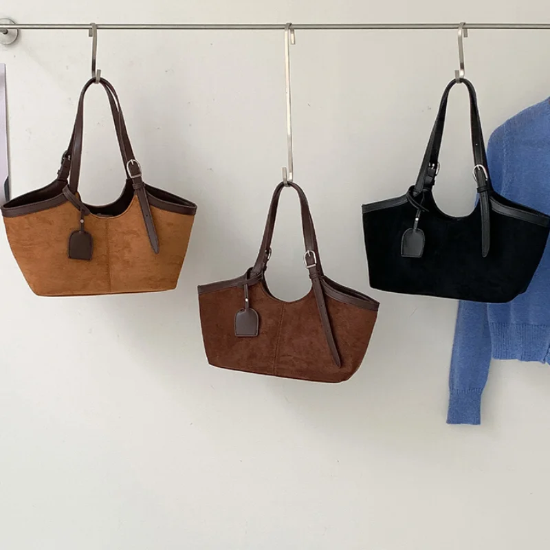 Brand Women's Basket Bag Retro Patchwork Design Versatile Handbag Large Capacity Autumn Winter Commuting Shoulder Underarm Bag