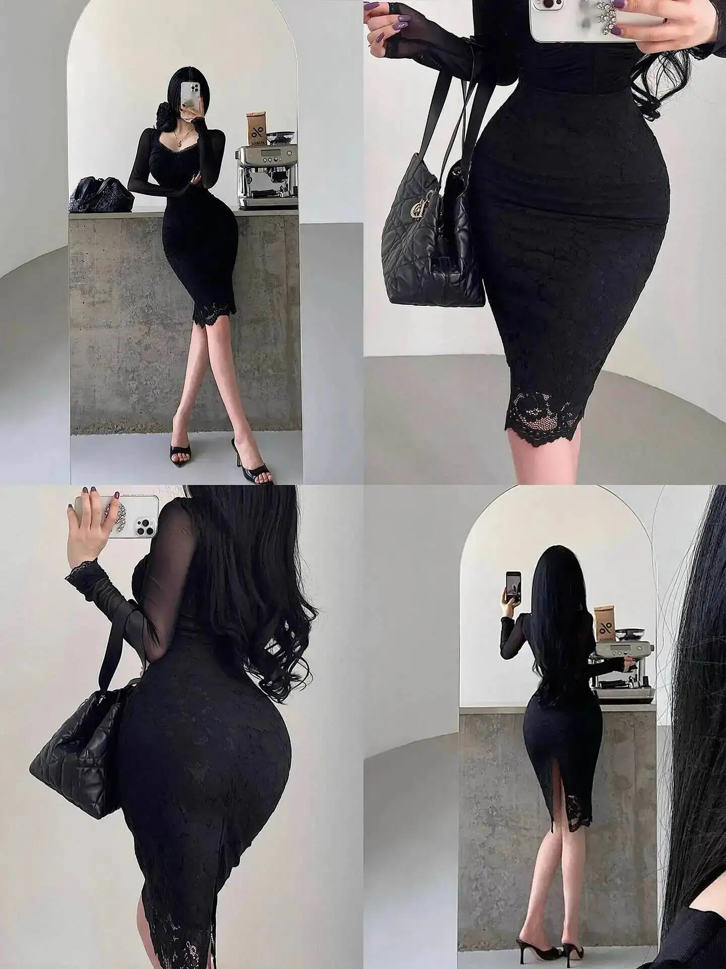 الرغبة النقية نمط عالية الخصر عودة الشق الدانتيل Bodycon ميدي تنورة أزياء ضئيلة المرأة التنانير الطويلة PNC2