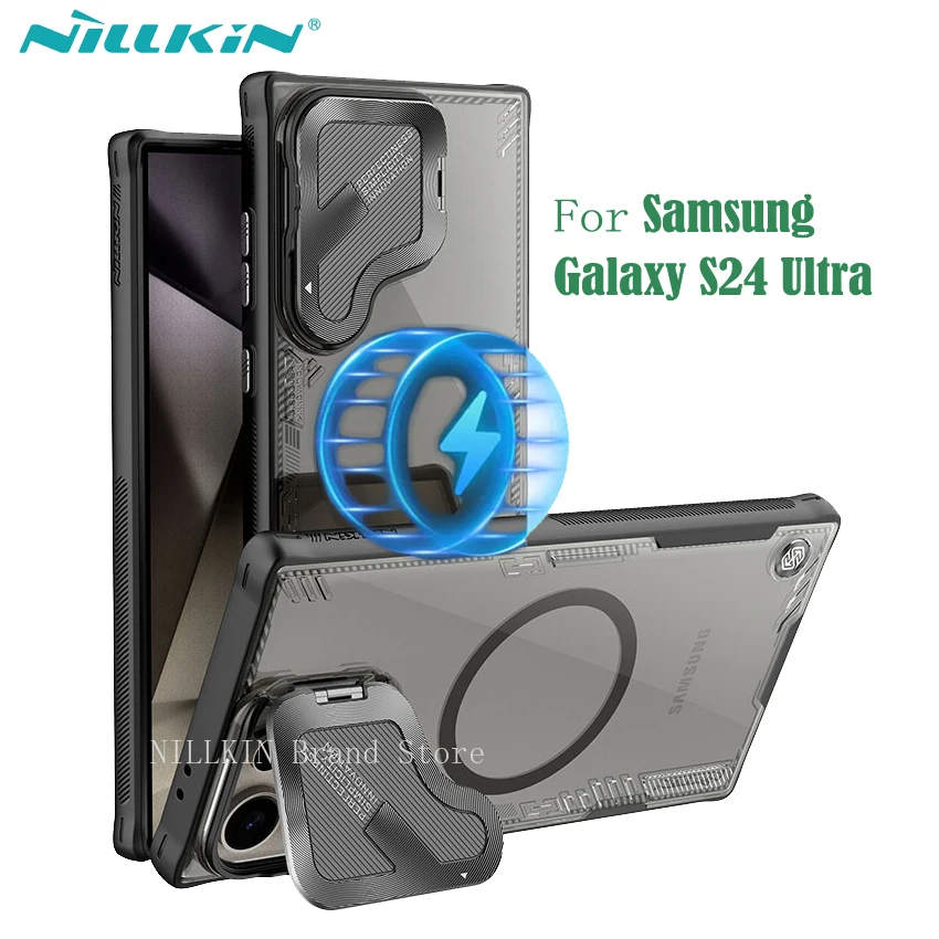 

For Samsung Galaxy S24 Ultra MagSafe Case NILLKIN Iceblade Prop Clear Magnetic Case Flip-style Holder Camera Cover For S24Ultra