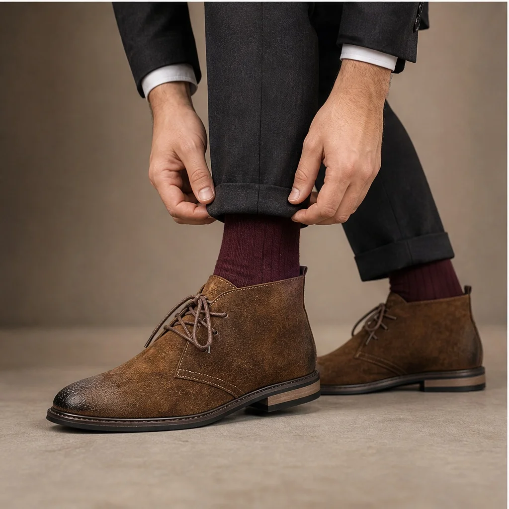Herrenstiefel aus echtem Rindsleder, mit zwei Ösen zum Schnüren, für Herren, geeignet für Freizeitkleidung, Herrenstiefel mit matten, gemusterten Verzierungen. – Detail 2