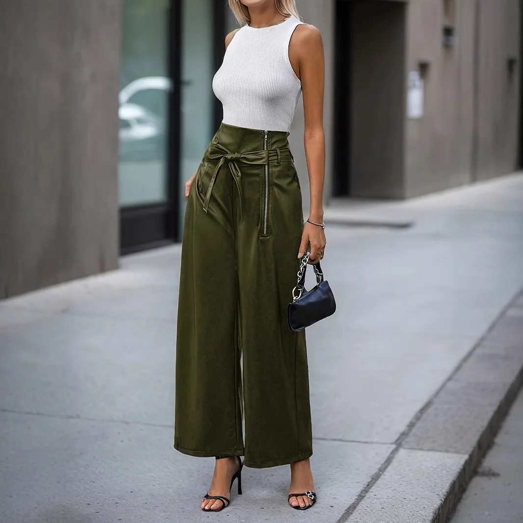 Trend Solid Color Pu Leather Pants Women Zipper Bowknot Leace-up High Waist Wide Leg Trousers Comfortable Casual Commuting Style
