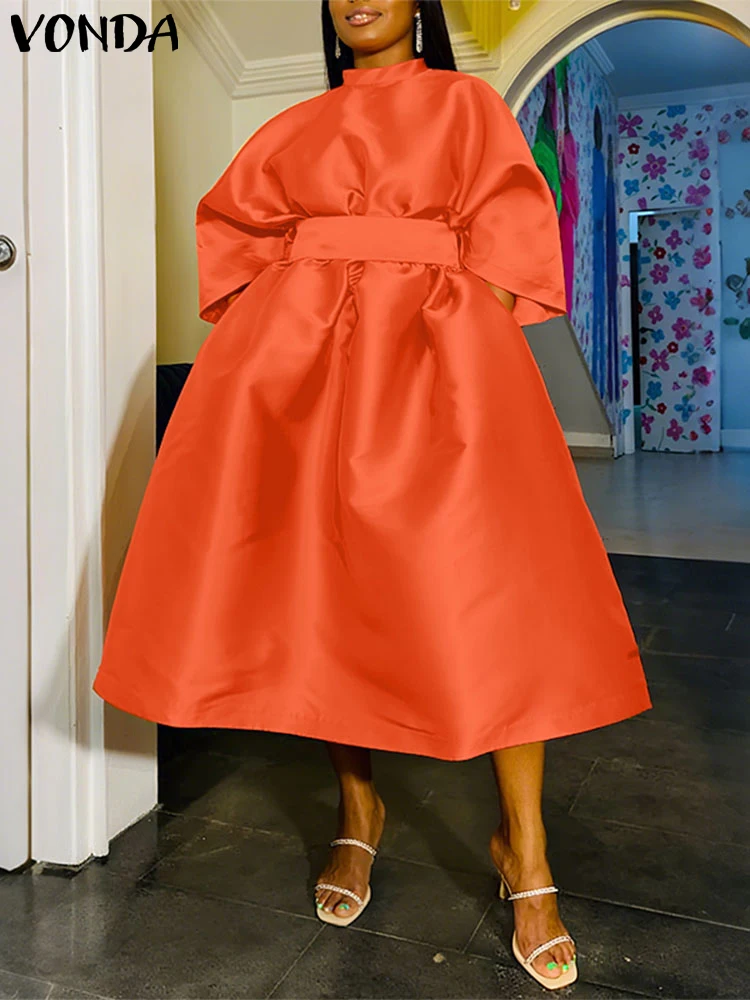 Plus Size Women Dress Solid Elegant Belt Work OL Sundress VONDA 2025 Fashion 3/4 Sleeve Mid-Calf Vestidos Autumn Loose Robe