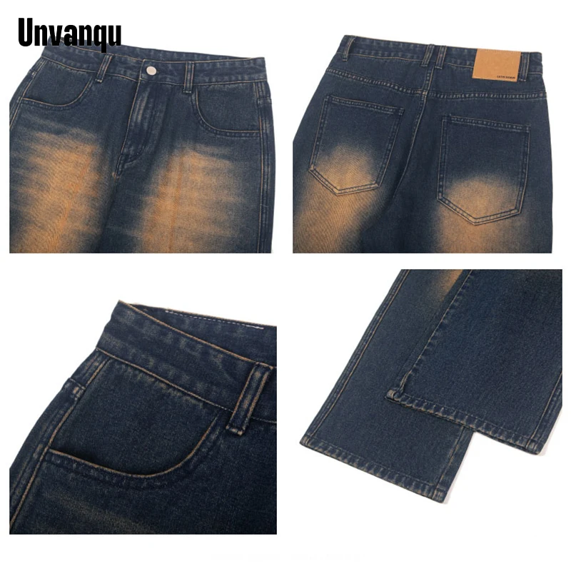 Unvanqu Jeans retrô americano masculino, calça de perna larga, simples nostálgico, solto, reto, retrô, moda de rua alta, outono, novo