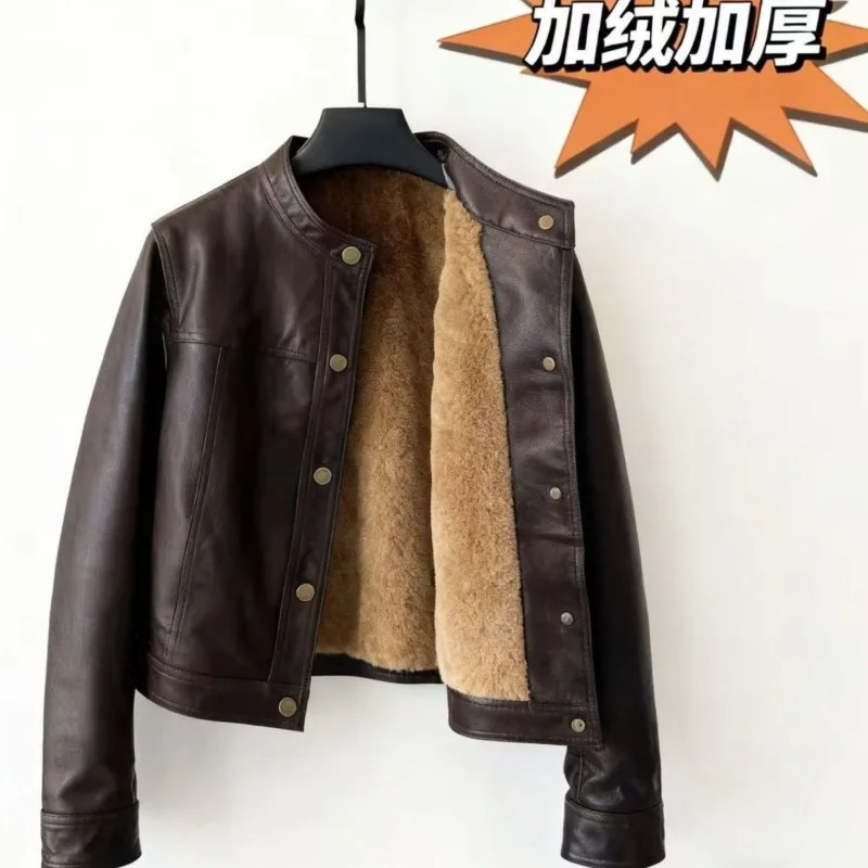 

Осенне-зимняя флисовая куртка из искусственной кожи, короткий пальтообразный жакет, модная и стройнящая, с воротником-стойкой, кожаная куртка, толстое теплое пальто