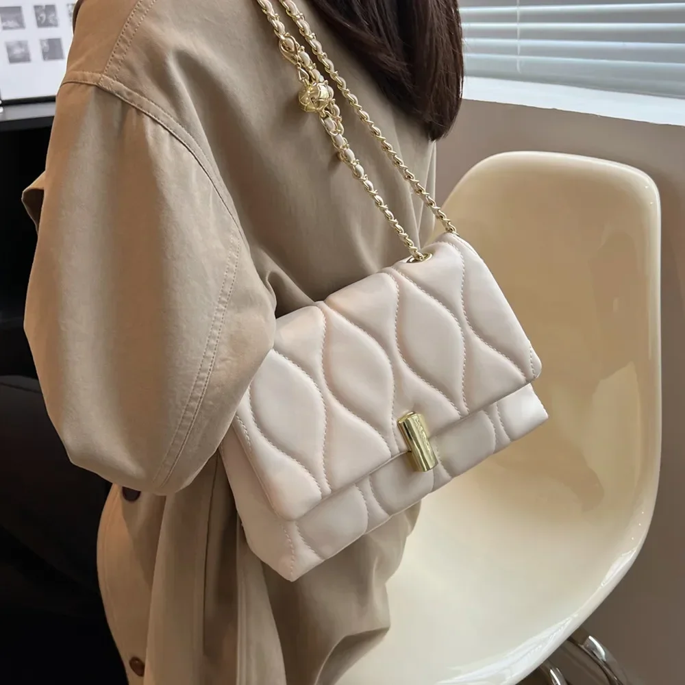 Chain Quilted Shoulder Side Bags For Women 2024 Trend PU Leather Flap Crossbody Bag Square Ladies Handbags Brown Beige