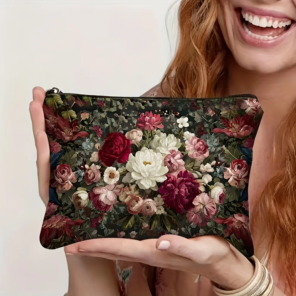 2D flat printing elegant floral cosmetic bag, lightweight travel organizer. Stores cosmetics, jewelry and documents with durable