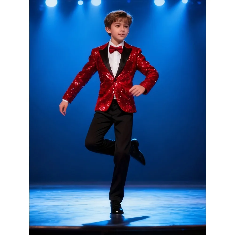 طقم بدلة رسمية للأولاد من توين بوي مكون من 4 قطع: بدلة طية صدر السترة باللون الأحمر والترتر الأسود + ربطة عنق حمراء + قميص أبيض + بنطلون أسود. لا