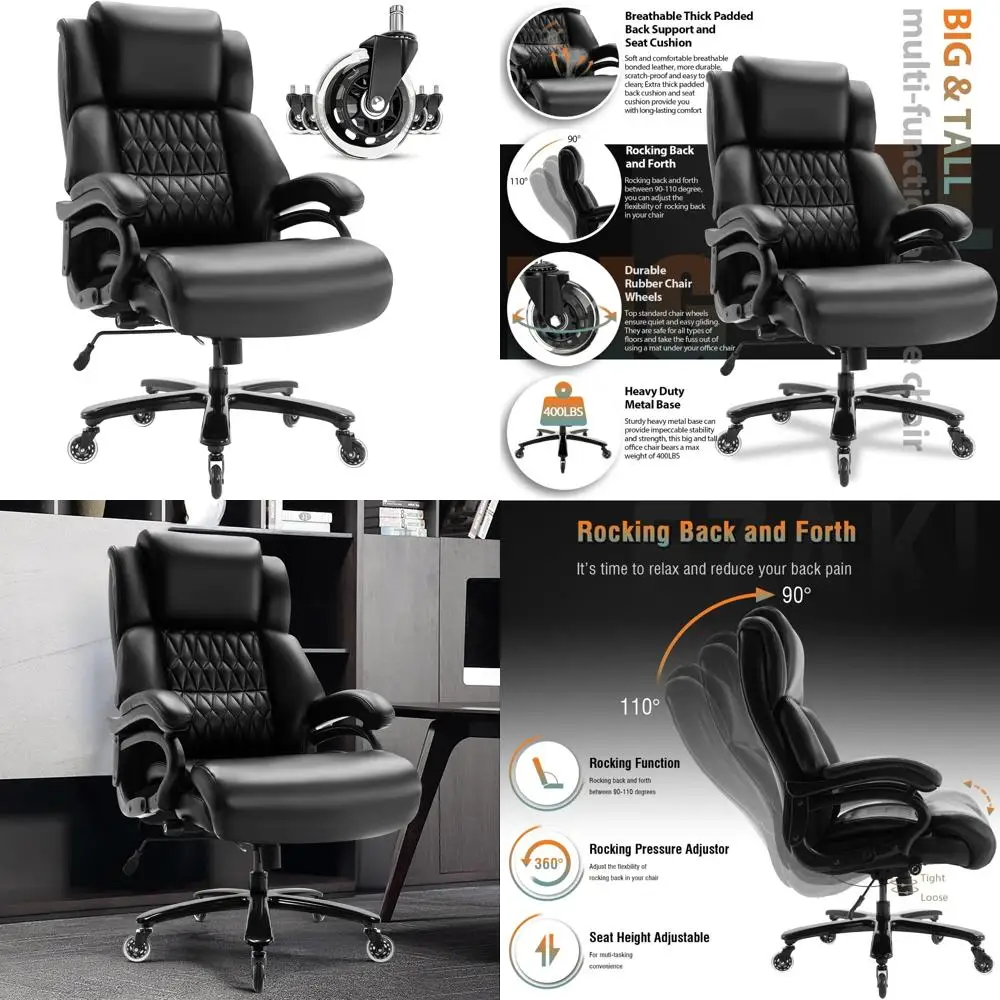 

"Heavy-Duty Office Chair for Large Individuals: Adjustable Lumbar Support, Quiet Rubber Wheels, Metal Base, High Back Executive