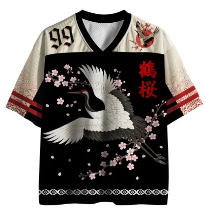 Latest Harajuku-style Y2K Adult and Kids Crane Cherry Blossom 3D Print V-Neck Jersey T-Shirt with Raglan Sleeves
