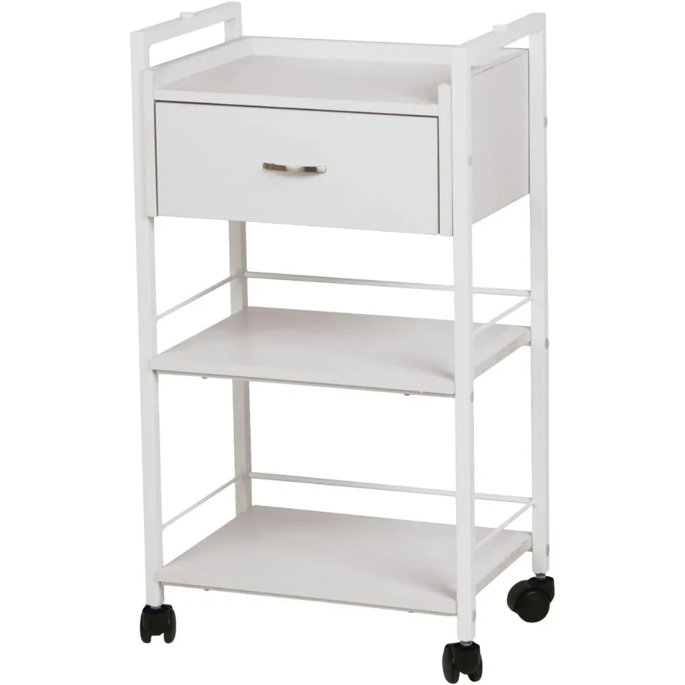 Salonwagen, 3-stufiger rollender Mehrzweckwagen für Spas, Kosmetikerinnen und Salons, Organizer aus weißem Holz mit Schublade