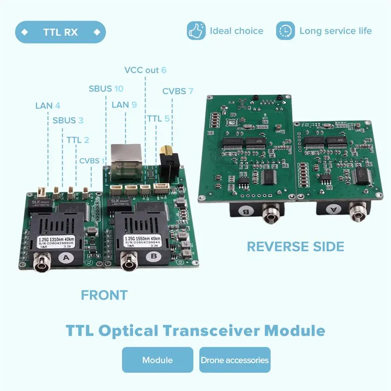 Reliable-40KM TTL Optical Transceiver Module TX/RX Optical Terminal Equipment DC5.5-26V Drone-Specific,40KM TTL Optical Transcei