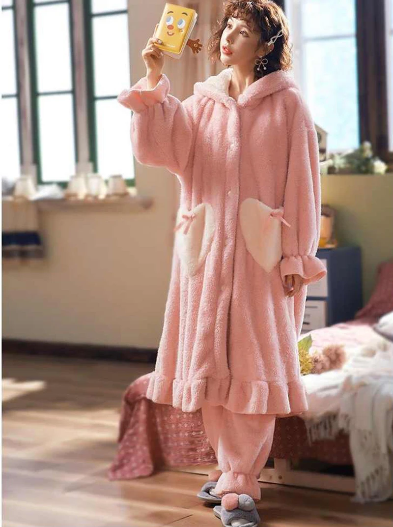 Winter Flannel Hooded Nightgowns Pajamas Set 2022 Thick Warm Cartoon Nightwear Kigurumi Rabbit Lounge Set Princess Sleepwear Set