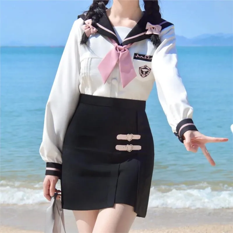 Sexy Female Sailor Uniform Korean Pink Tie White Top Bodycon Skirt Sets Japanese School Uniform Girls JK Suit COS Costumes Women