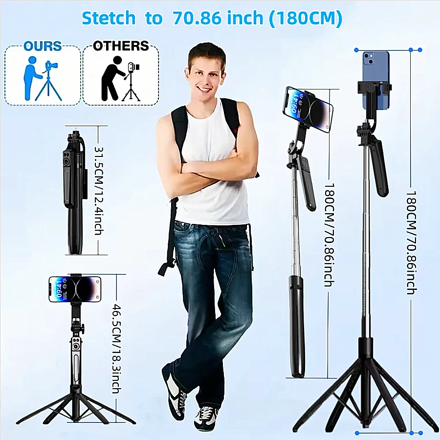 MEUYAG 1.8m Selfie Stick Extendable Wireless Bluetooth Remote Portable Smartphone Tripod Stand Mount For iOS Android Phone