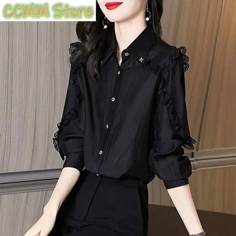 

Elegant Lace Spliced Lapel Button Oversized Chiffon Shirt Autumn New Casual Tops Loose Commute Women's Clothing Blouse