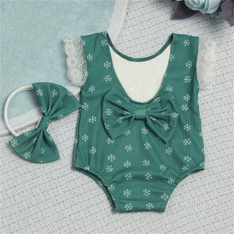 아기 Bowknot 머리띠 크리스마스 Romper 사진 의상 0-1M 유아 사진 복장