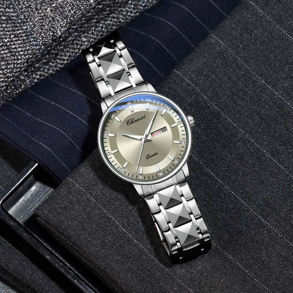 CHENXI Orologio al quarzo da uomo di alta qualità Cinturino minimalista in acciaio inossidabile Data Display a specchio curvo Orologi da uomo impermeabili 2025