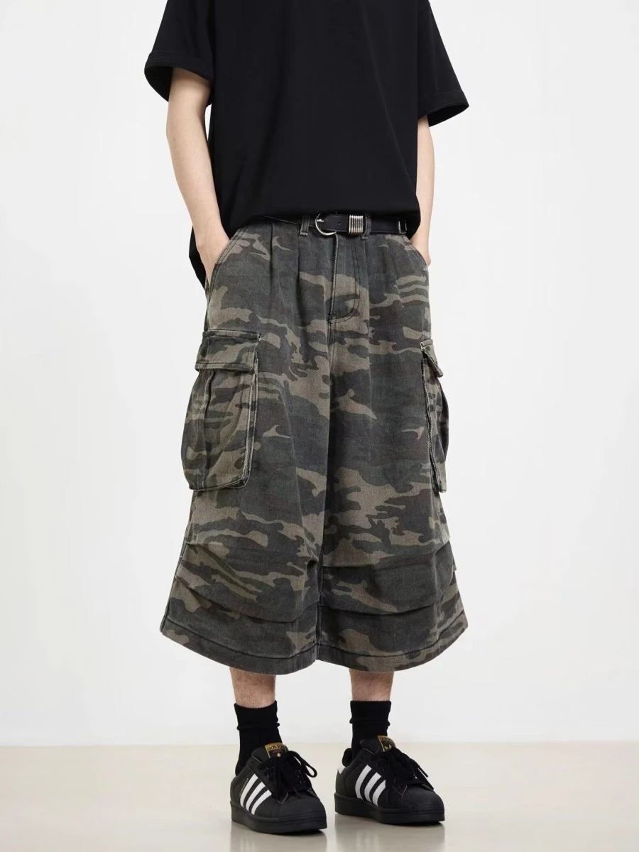 

American Camouflage Denim Shorts Men Summer Retro Large Pocket Seven-Foot High Street Wide Leg Straight Workwear Mid-Pants