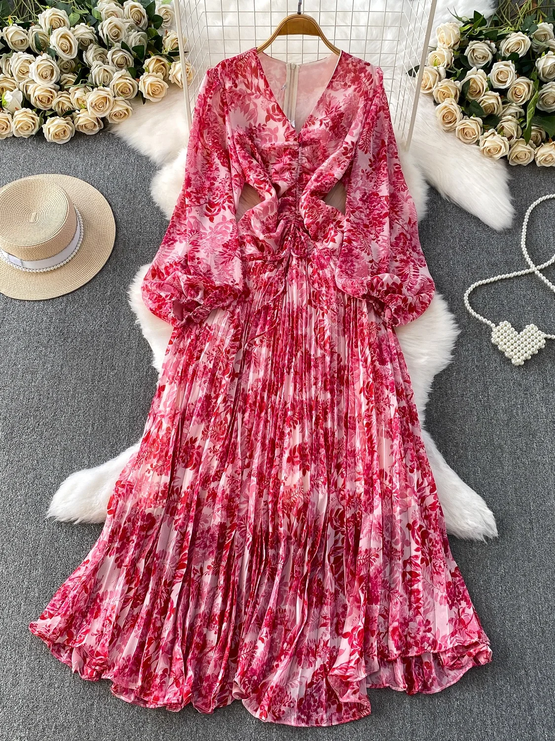Vacation Style Beautiful Print V-Neck Lantern Sleeve Dress Women's Autumn Drawstring Waist Slimming Pleated Long Skirt