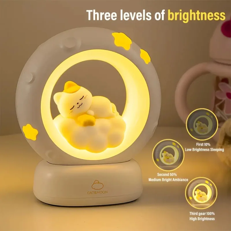 

Moon and Cat Rechargeable Night Light, Safe PVC and ABS Material, 3 Brightness Levels,tap light, Warm Light, Toddler Sleeping