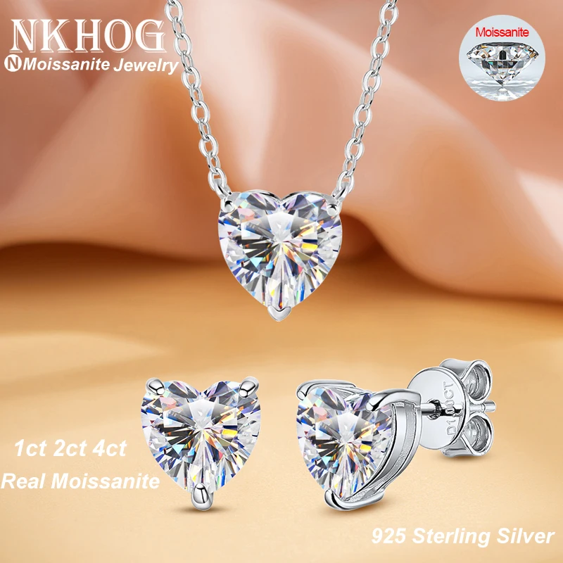 

NKHOG Heart Moissanite Jewelry Sets Stud Earrings Pendant Necklace S925 Sterling Silver For Women Wedding Gifts Fine Jewelry GRA