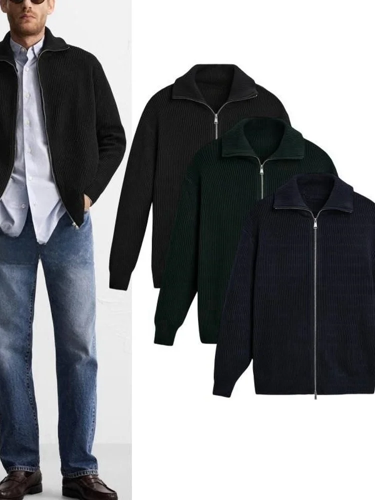 

Модный вязаный длинный воротник-стойка на молнии с воротником-стойкой, облегающий кардиган, пальто для мужчин, повседневное городское пальто из смеси хлопка