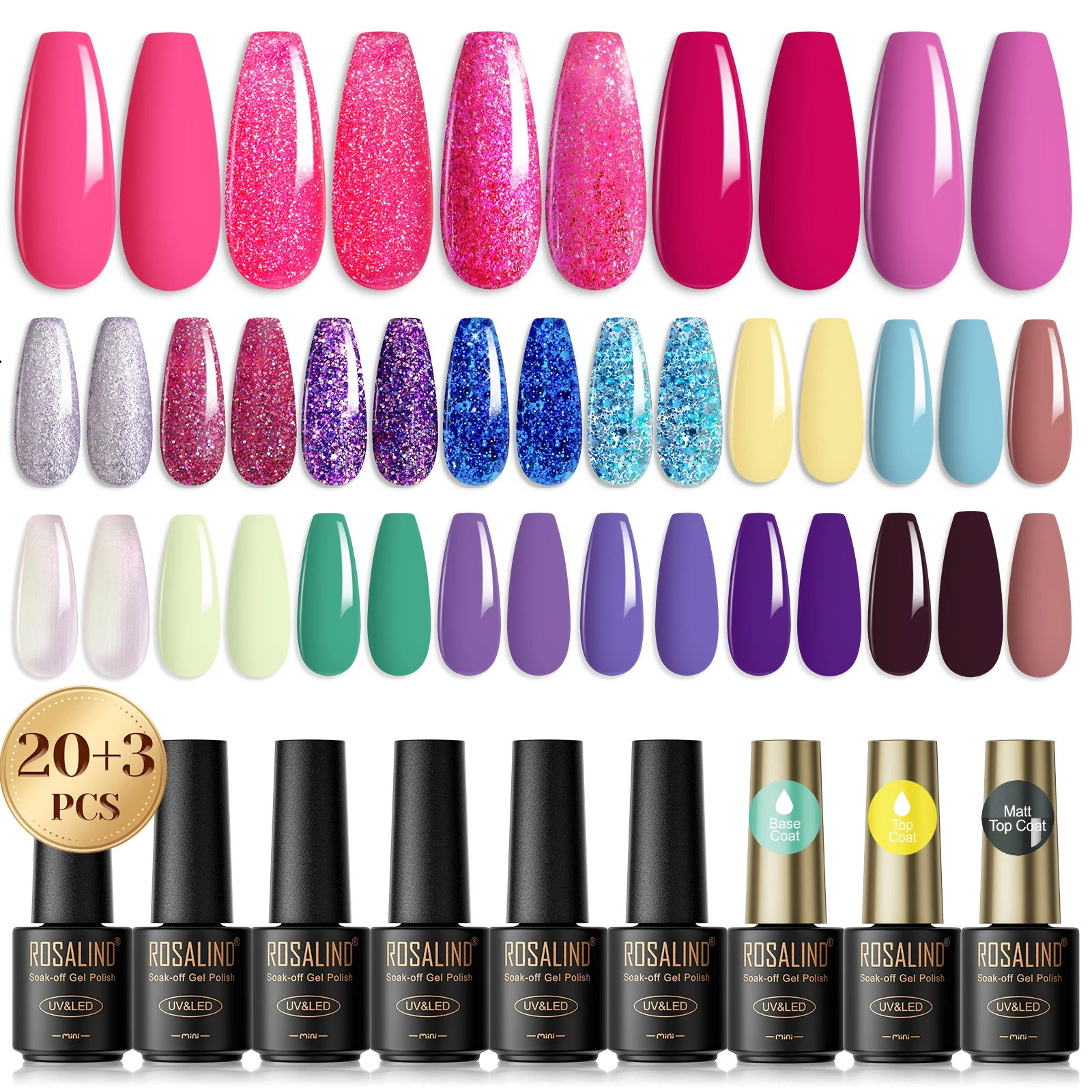 Rosalind 23PCS gel nagellak set gel kleur nagelglans boven- en onderkant coating gel nagelstrips met uv-licht led nagellamp.