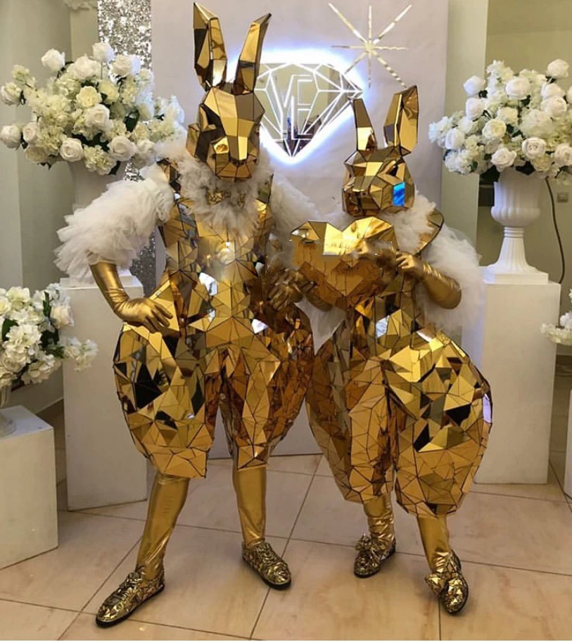 Gold rabbit mirror costume Stage show MEN WOMEN halloween party cosplay costumes Silver mirror performance suit Animal performan