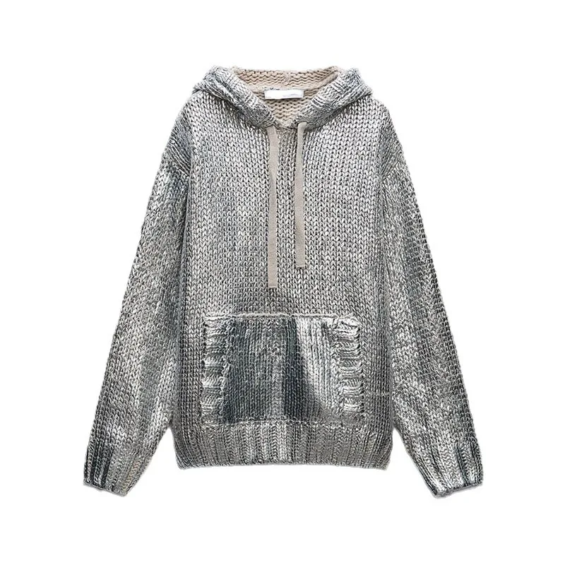 Silver Metal Color Ribbed Knitted Hooded Pullovers Long Sleeved Drawstring Hoodies Sweater Knitwear Sweatshirts Hoodies Jumpers