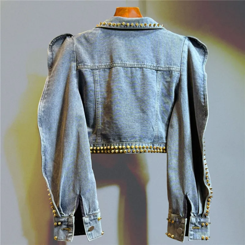 Women Light Blue Short Denim Jacket Fashion Bead Rivet Diamond Irregular Single-breasted Puff Sleeve Jeans Jacket Streetwear