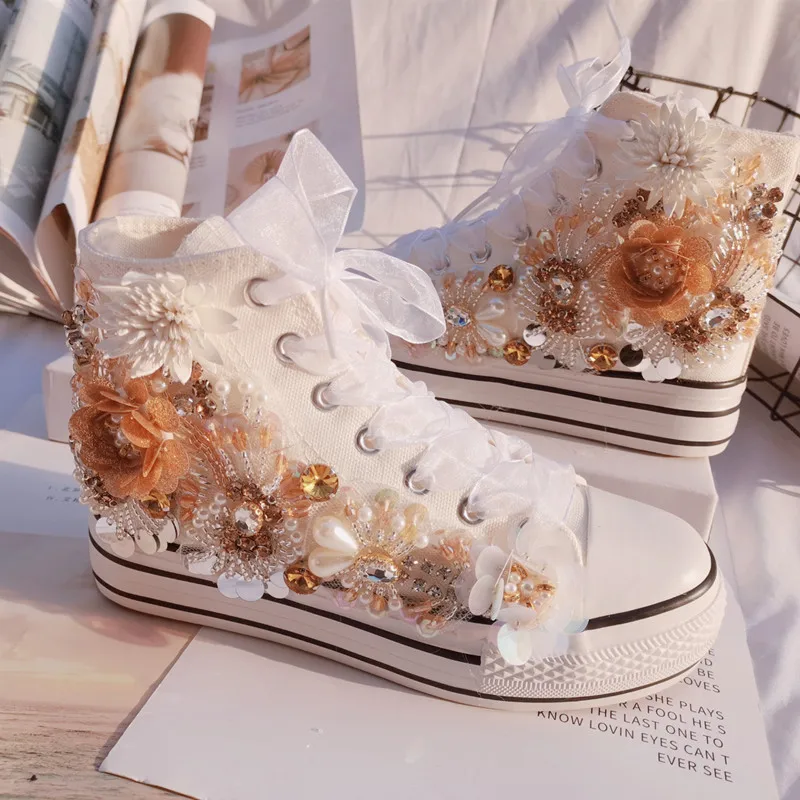 Handcrafted beaded ribbon flower rhinestones party banquet wedding canvas shoes platform high top casual women\'s shoes 35-40