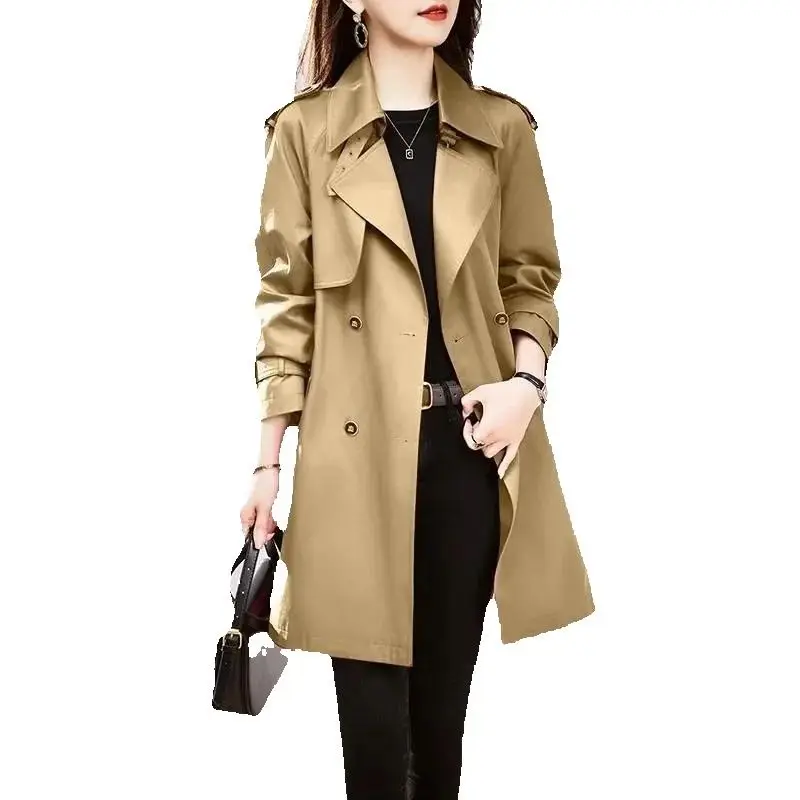 

Fashion Korean Wind Coat Women In The Spring And Autumn Long Red Slim Temperament Double-breasted High Sense 2024 New Coat.