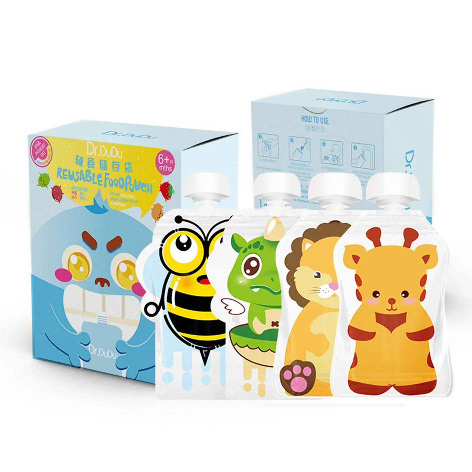 Bolsas de comida complementaria para bebé, bolsas reutilizables de puré de frutas caseras de 150ml, cubierta de tornillo recargable aleatoria sellada para exteriores, 8 Uds.