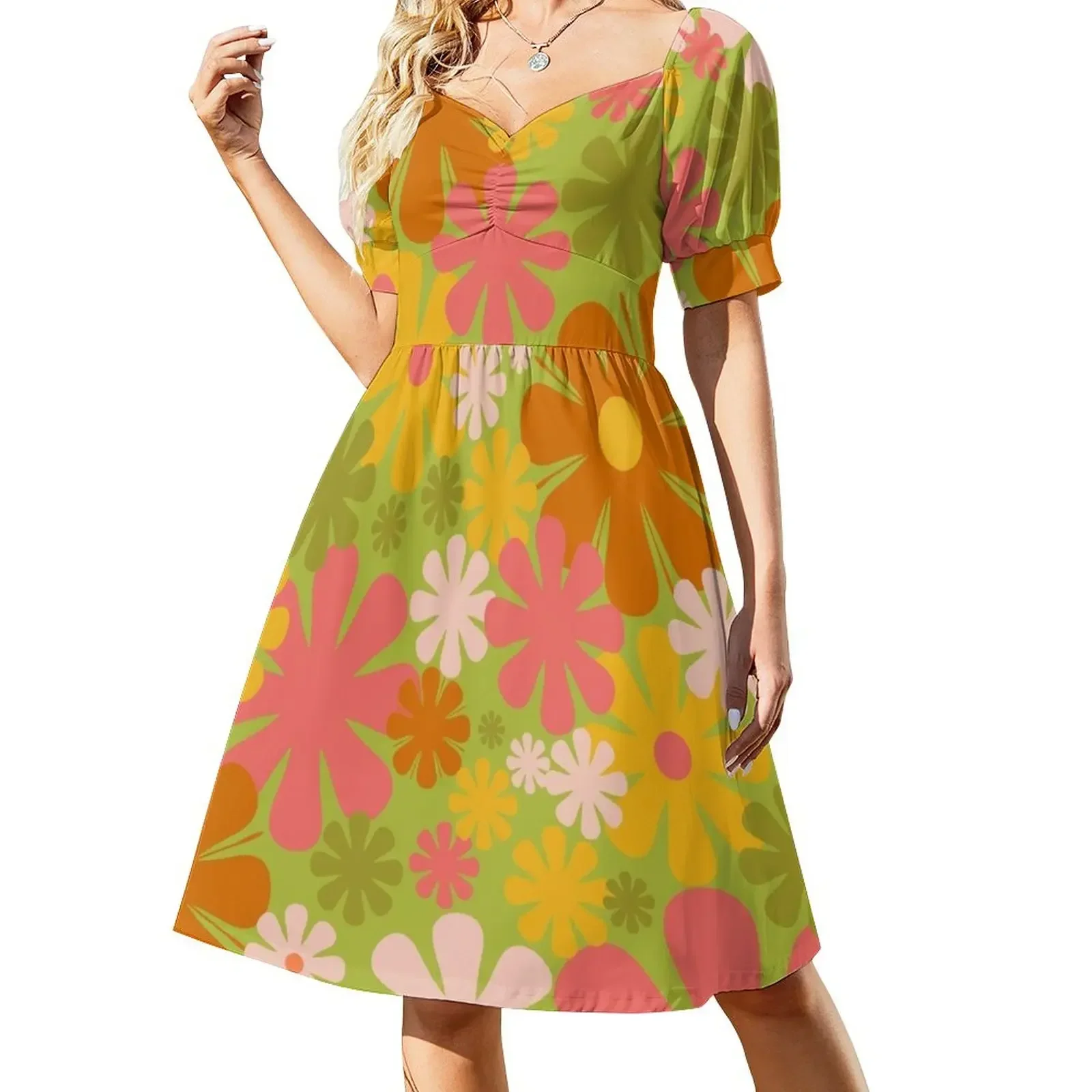 

Retro 60s 70s Aesthetic Floral Pattern Lime Green Pink Yellow Orange Sleeveless Dress Long dress Woman's evening dress