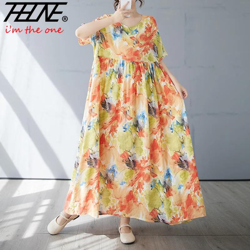 

THHONE Summer Dresses for Women 2025 Bohemian Holiday Floral O Neck Short Sleeve Casual Print Women's Clothes Vestido Feminino