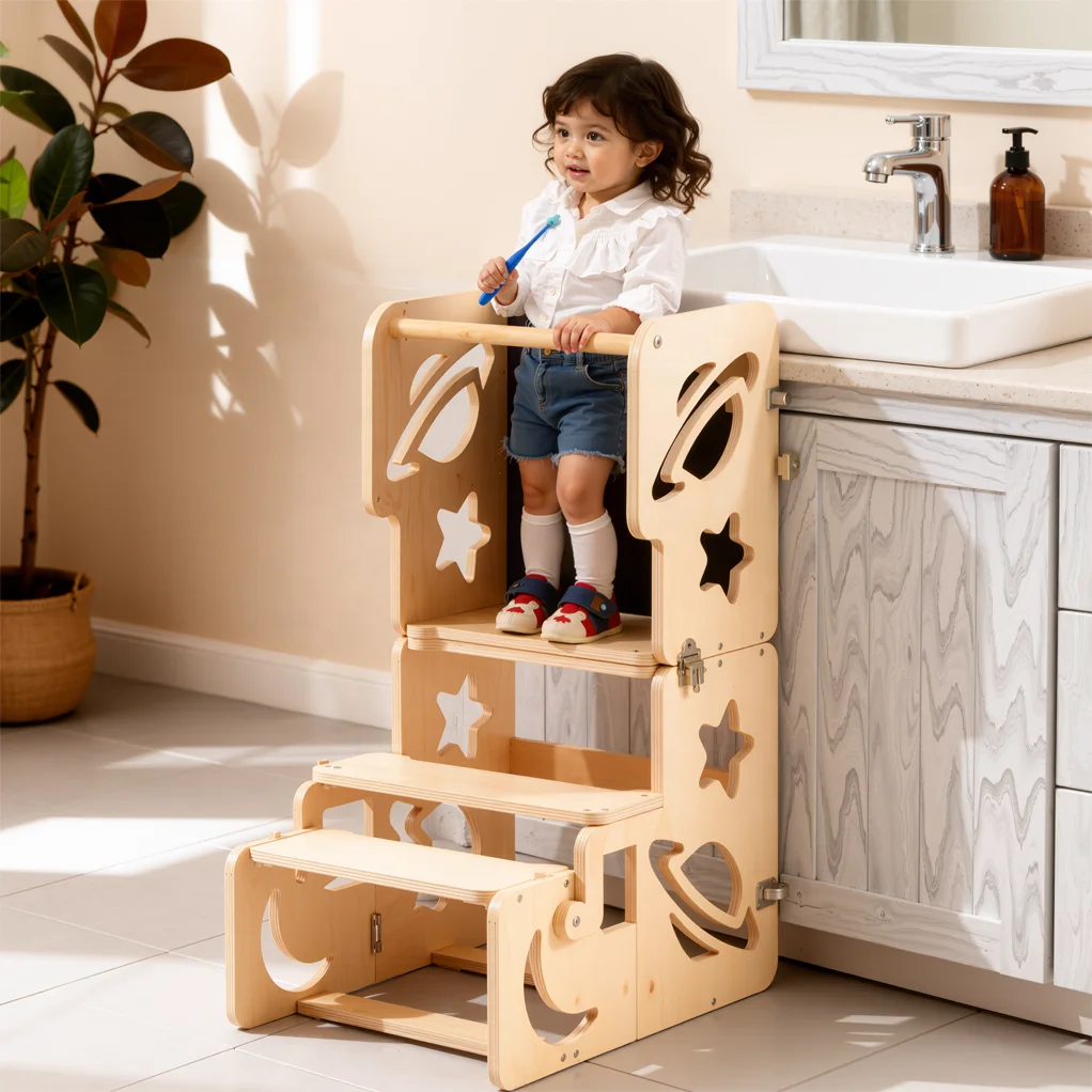 Design Planet Learning Tower Natural Wood Learning Tower Multifunctional Foldable Learning Tower Table and Chair Set