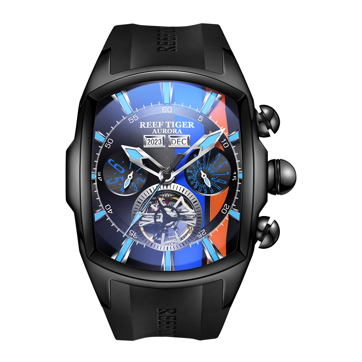 OBLVLO Riff Tiger Herren Tank-Track schwarz Gehäuse Sport uhren multifunktion ale fertige Kalender Gummi leuchtende Armbanduhr RGA3069-Track 4