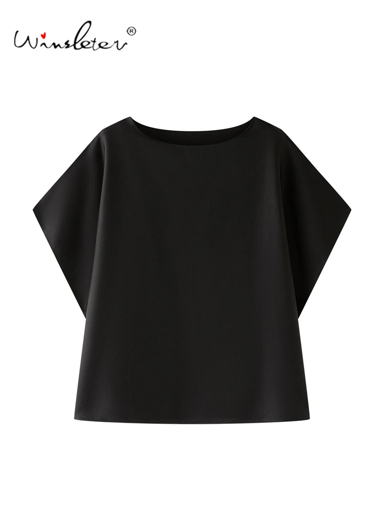 Winsleter-93%Silk 7%Spandex Elegant T-Shirt, Batwing Sleeve Solid, Women Simplicity Commute Loose Top, 2026 Summer New T67531CC