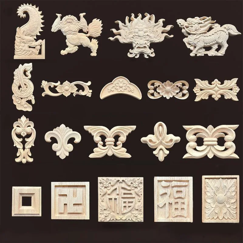 Vintage Wood Applique with Dragon & Lion Onlay Cabinet Classic Home Decor Design Figure Decal DIY Furniture Decoration Accessory