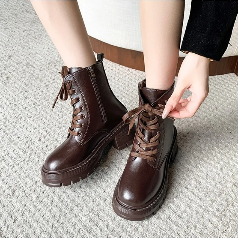 New British Style Spring and Autumn Leather Shoes for Women,Thick Soled High Rise Round Toe Short Boots,High-heeled Single Boots