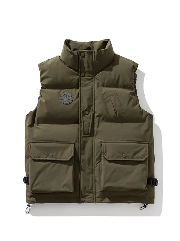 Large Pocket Cotton Male Coat Vest Men Jackets Autumn Winter Lightweight Padded Warm Stand Collar Padding Short Down Jackets