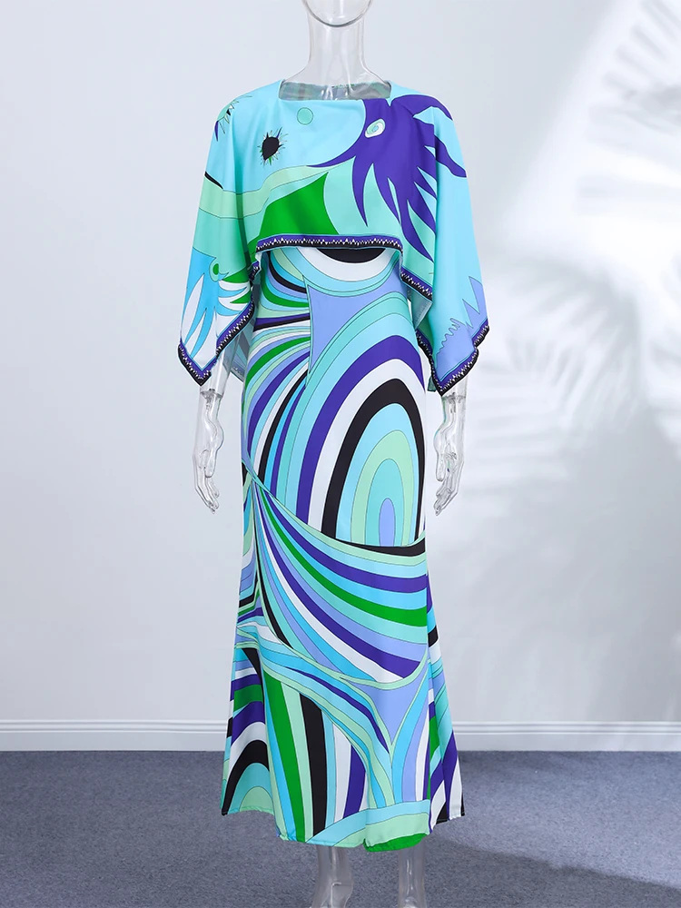 Bedruckter Cape-Langrock-Anzug für Damen, elegante Oberteile mit O-Ausschnitt und unregelmäßigem Saum, A-Linien-Röcke mit hoher Taille, schicke Partykleidung für Damen, neue Strandkleidung – Detail 22