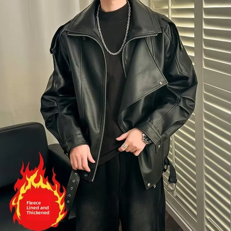 

Мужская зимняя куртка из искусственной кожи с воротником-стойкой, в стиле мотоциклетной, модная уличная одежда, удлиненная, приталенная