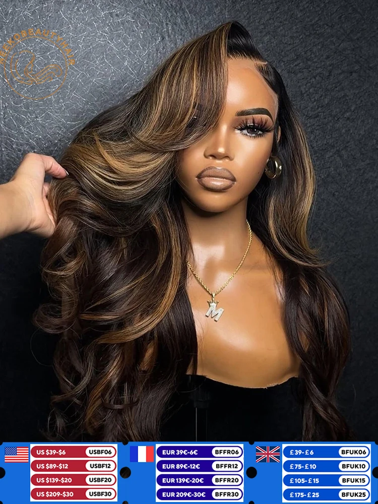 Highlight Brown Lace Front Wig Body Wave 13x6 Transparent Lace Frontal Wig Honey Blonde Colored Human Hair Wigs For Women