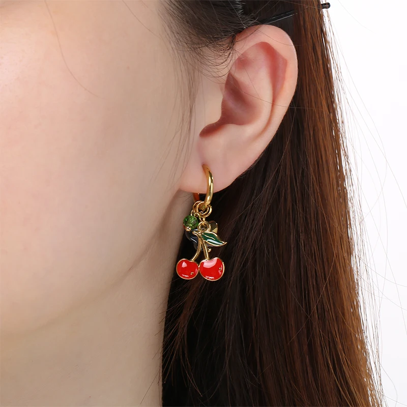 Fashion Stainless Steel Women's Gold Plated Cherry Chili Pepper Butterfly Ladybug Dangle Hoop Earrings Party Jewelry Gift