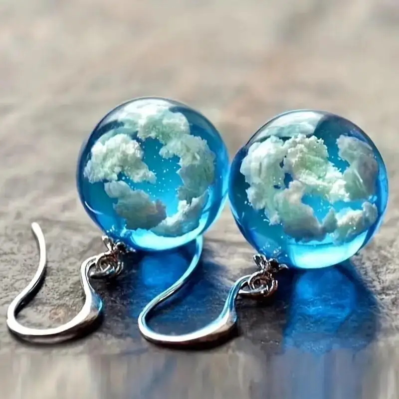 New Nightlight Planet Blue Sky White Cloud Forest Style Transparent Spherical Resin Fashion Earrings for Men and Women