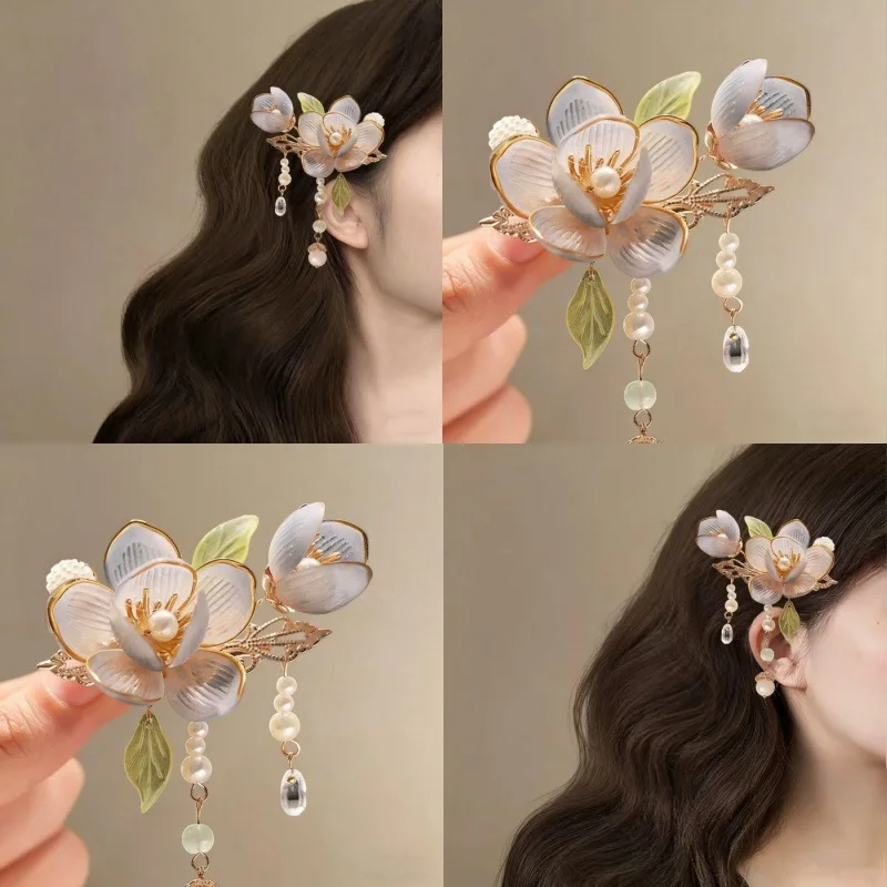 

Заколки для волос в китайском стиле с синим лотосом для женщин, винтажная заколка с кисточкой, аксессуары для Ханьфу